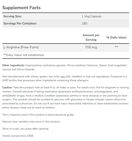 L-Arginine 700 mg - 180 vcaps NOW - Image 2
